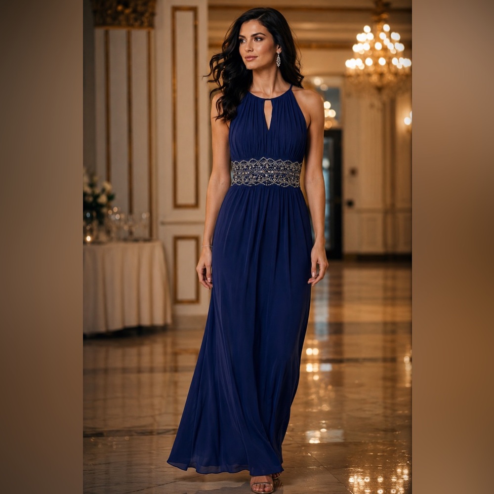 Royal Blue Evening Gown | Silver Beaded Accents | Sz 6 | Immaculate Condition